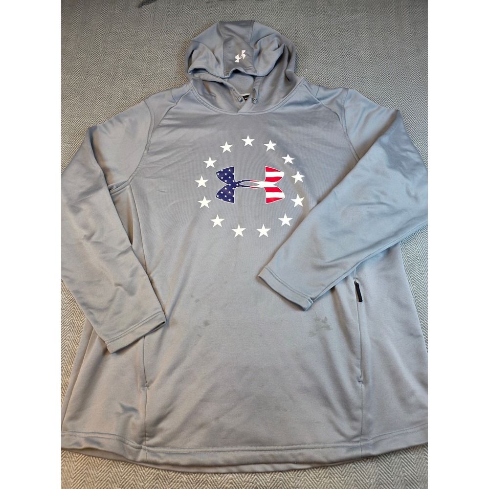 Under Armour Mens 3XL Grey American Flag Logo Stars Performance Hoodie Fitted